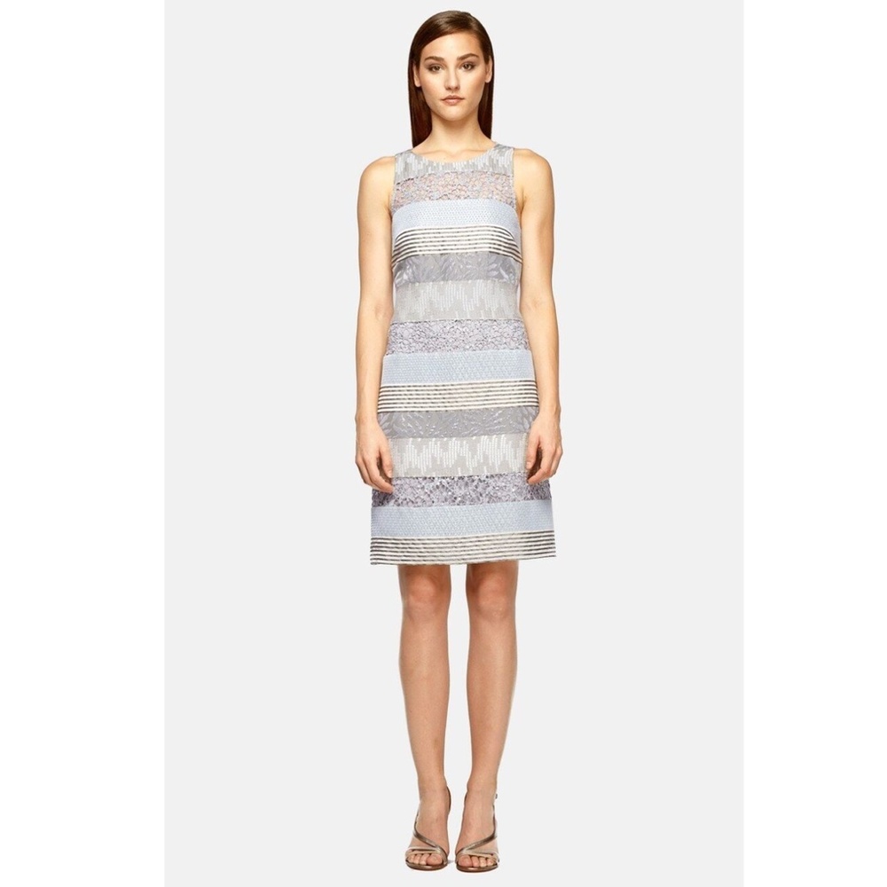 NWT $400 Kay Unger Stripe Mixed Media Shift Dress Silver Blue Gold [Sz 10 ]‎
